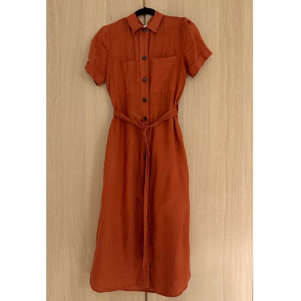 Magaschoni Linen Rust Orange Midi Shirt Dress